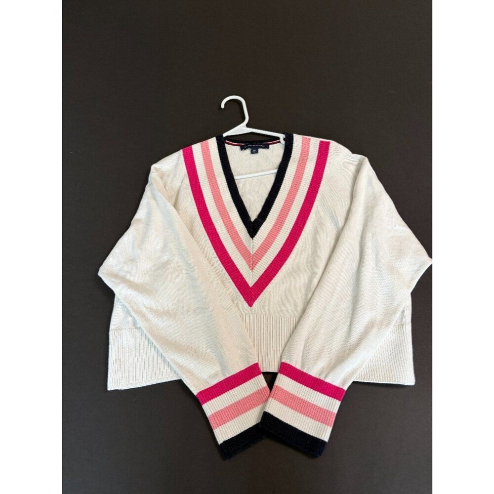 Tommy-Hilfiger Women's Small White Sweatshirt Preppy Varsity School Girl Coastal